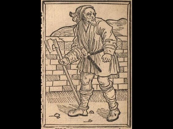 A drawing of a peasant with an axe and a dagger with balls.