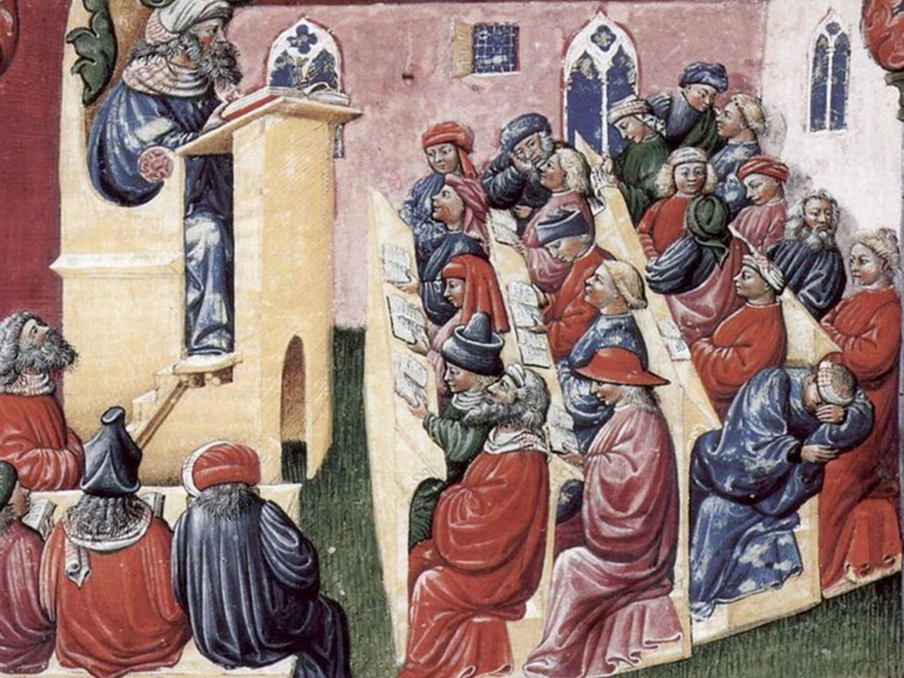 A color painting showing a university class in the East during the Middle Ages.