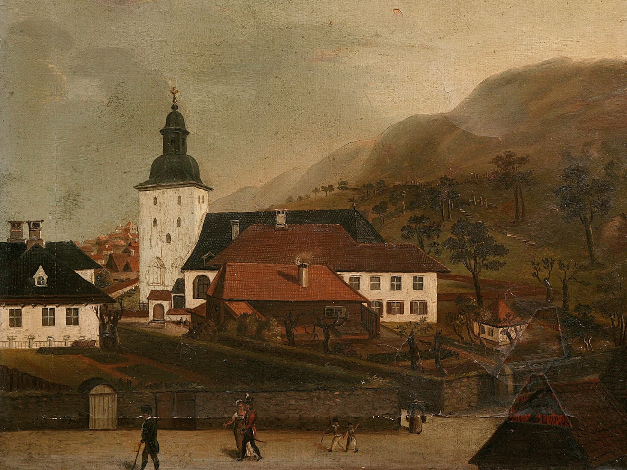 An 19th century painting depicting the area around Bergen Cathedral.