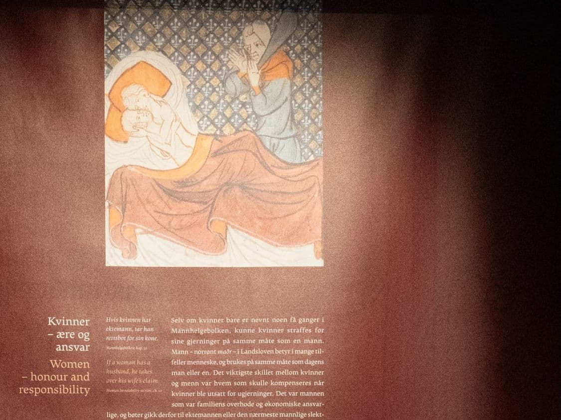 Banner from the exhibition with a text and a manuscript illumination relevant for topic of the honour of women.