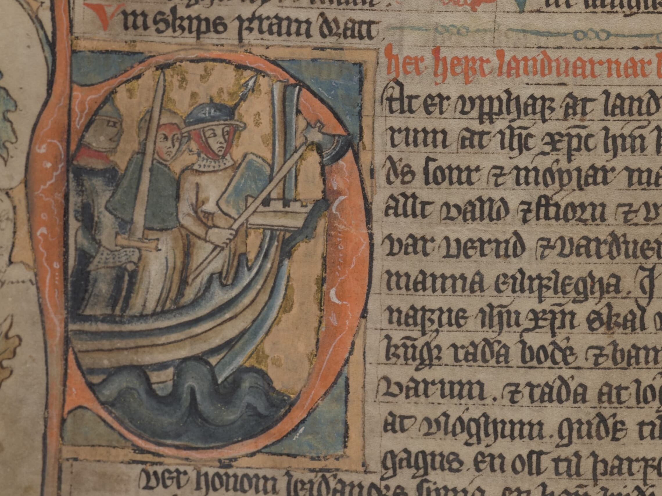 Manuscript illumination with a representation of a war ship from Codex Hardenbergianus (GKS 1154, fol. 9v)