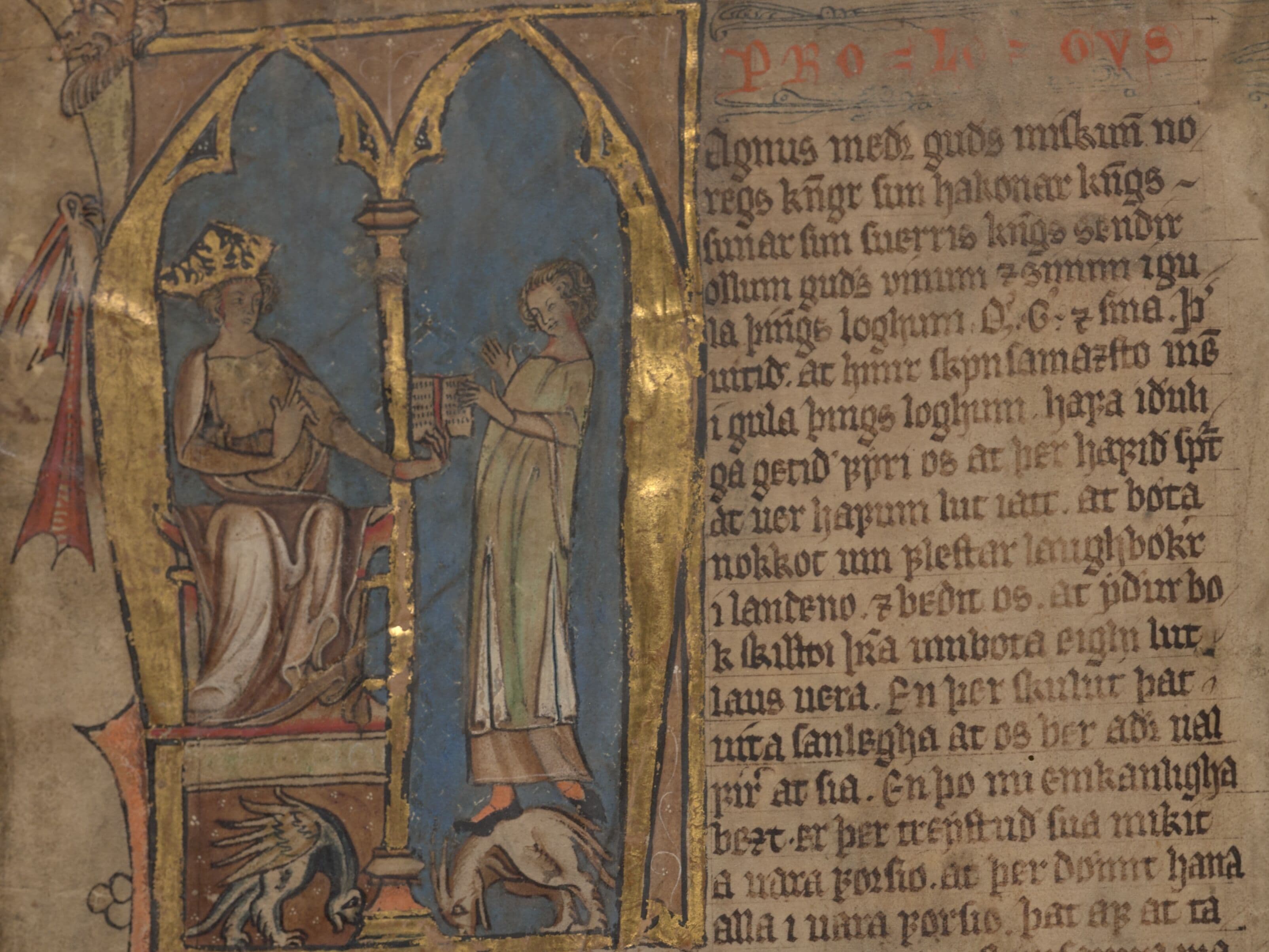 Manuscript illumination with the king who gives the lawbook to a man  - from Codex Reenhielmianus (GKS 1154, fol. 1v)