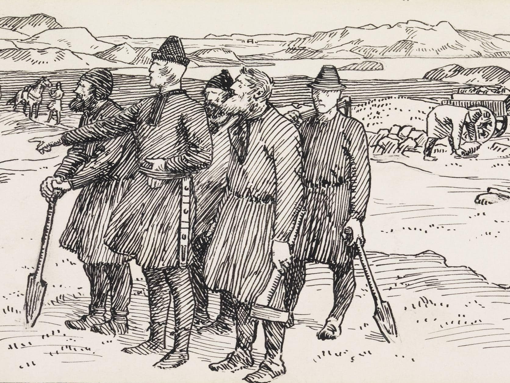 Pencil drawing from a book with a saga showing Erling and his slaves.