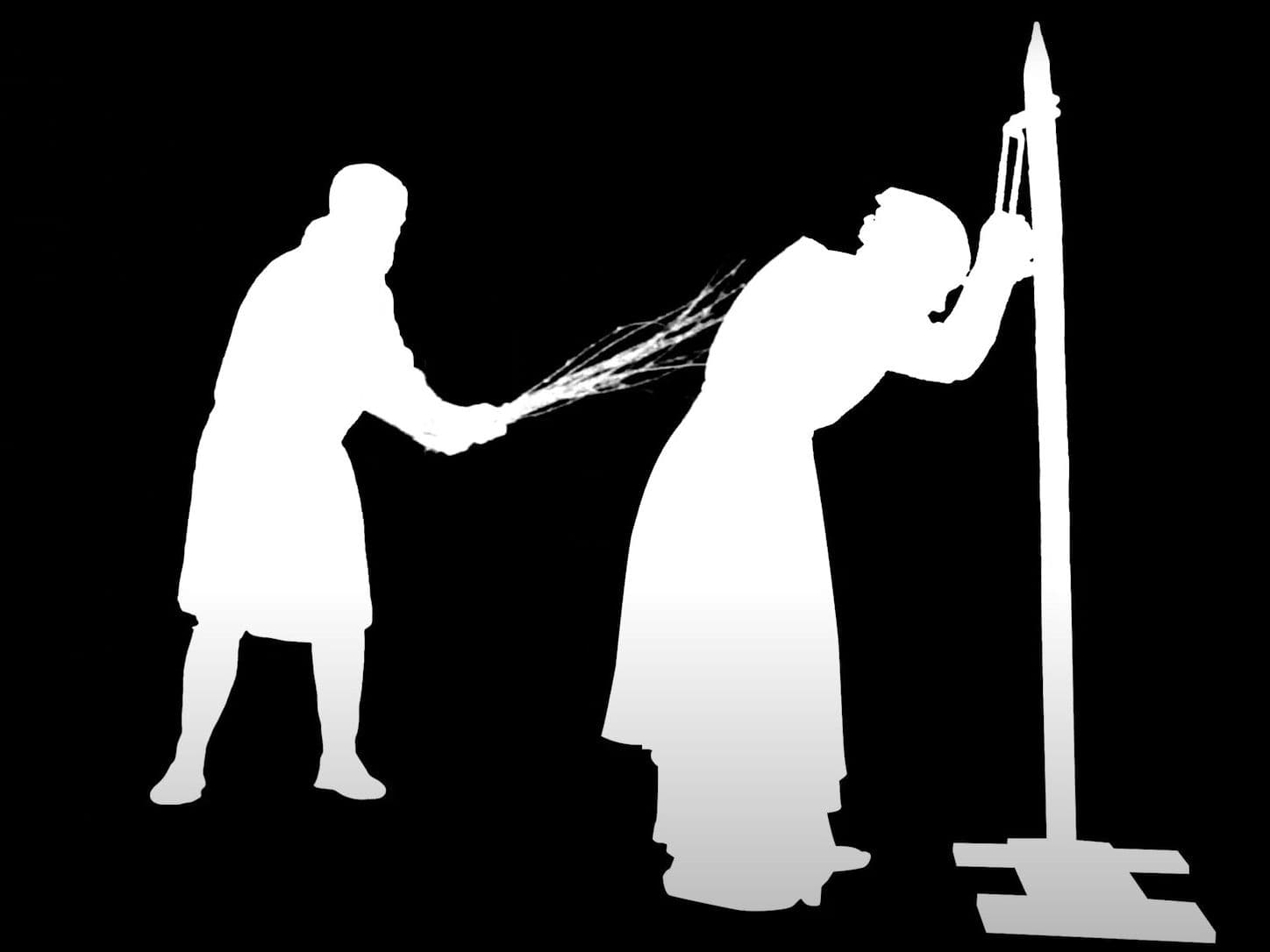 Silhouette from the exhibition showing the flogging of a thief.