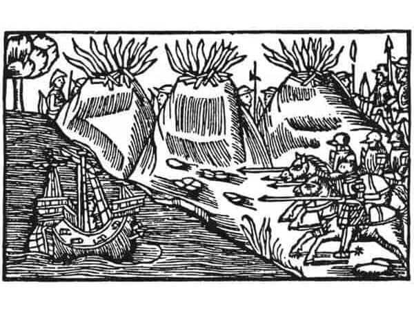 Woodcut with a presentation of beacons, riders, and a ship.