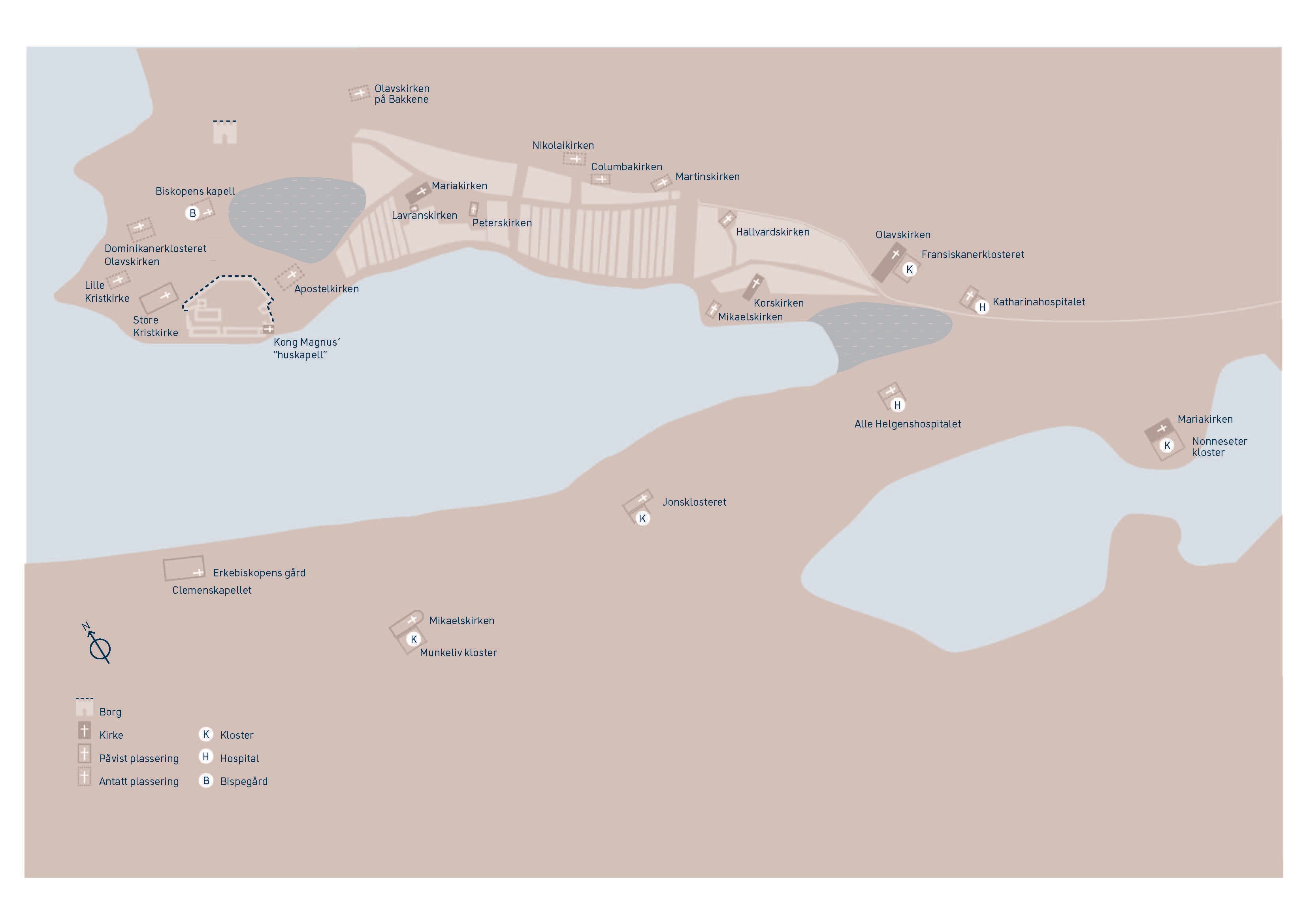 A map showing churches and monasteries in Bergen at the time of King Magnus the Lawmender.