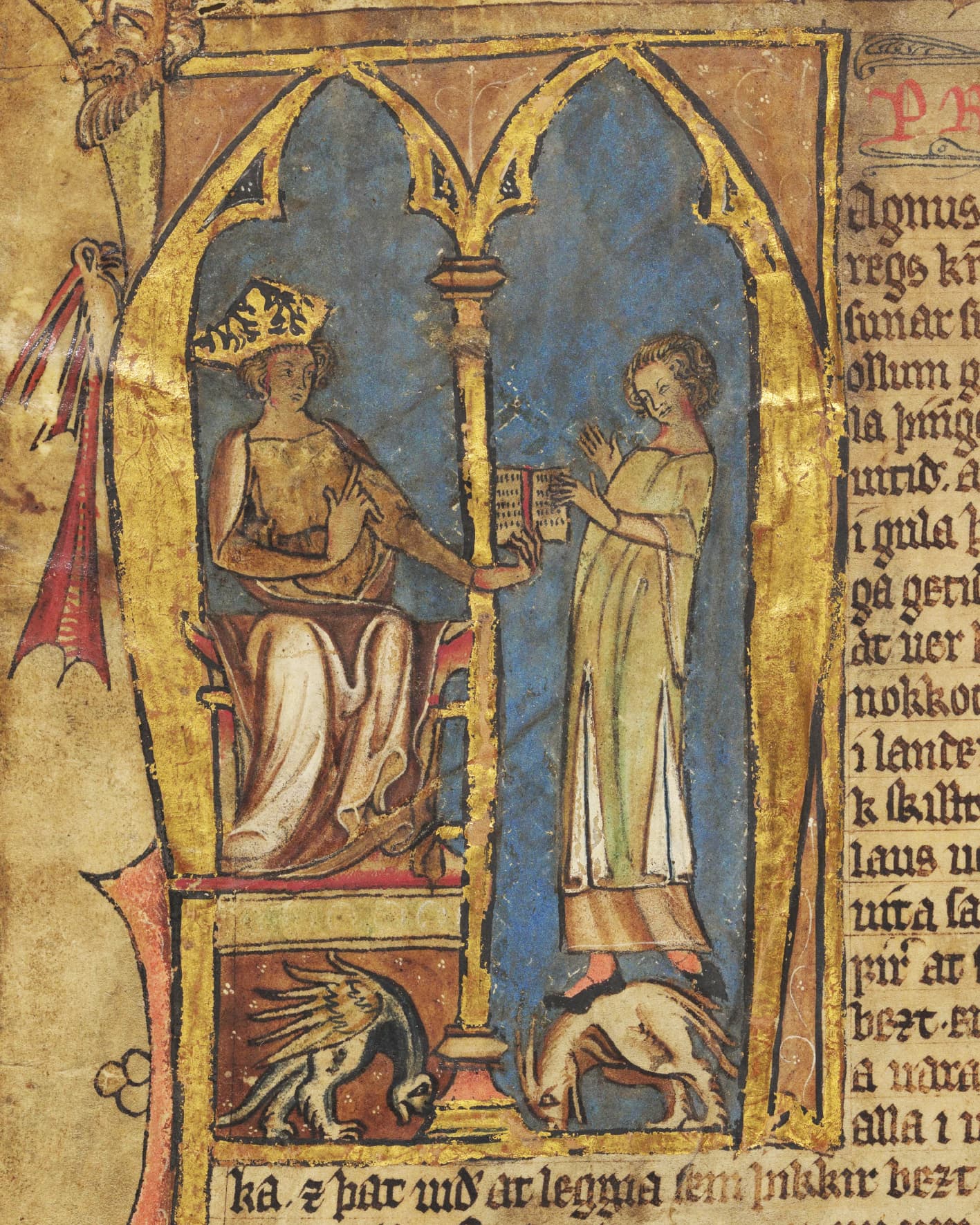 A manuskript illumination with an enthroned king who gives a book to a man who stands.