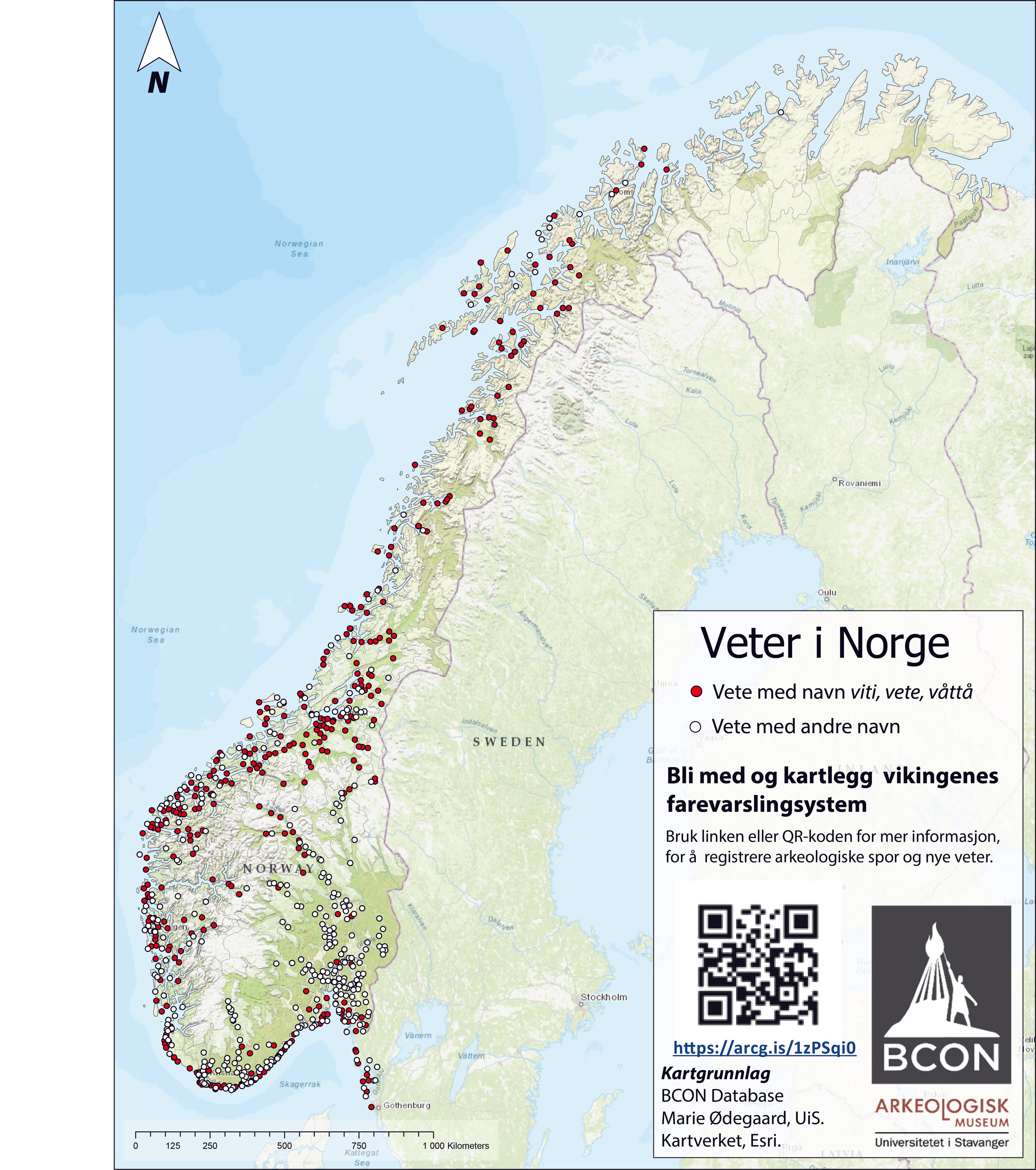 A map of the medieval beacons in Norway produced by the BCON project at the University of Stavanger