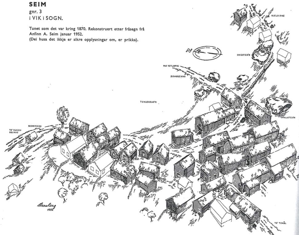 Rekonstruksjonstegning av et 1800-talls tun i Vik i Sogn (tegning av Arne Berg).